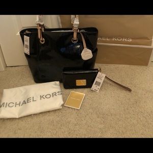 Michael Kors Jet Set Black Mirror Tote and Wallet